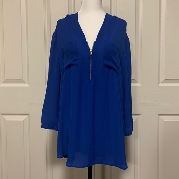 💥$11 -  Suzy Shier Blue Zip-Up Blouse - size large 👚 - Picture 2 of 4